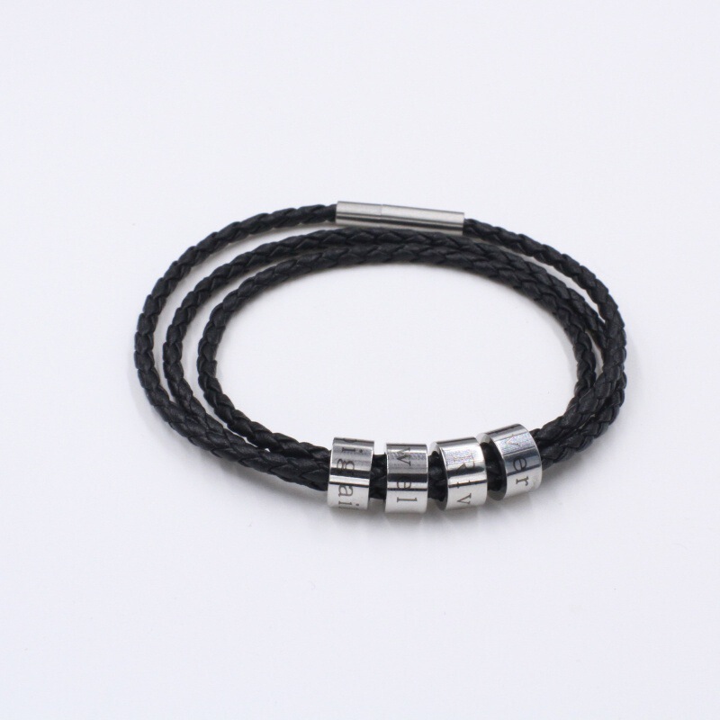 Cross-Border European and American Independent Website Father's Day Gift Jewelry Stainless Steel DIY Engraved Letter Name Bead Leather Cord Bracelet