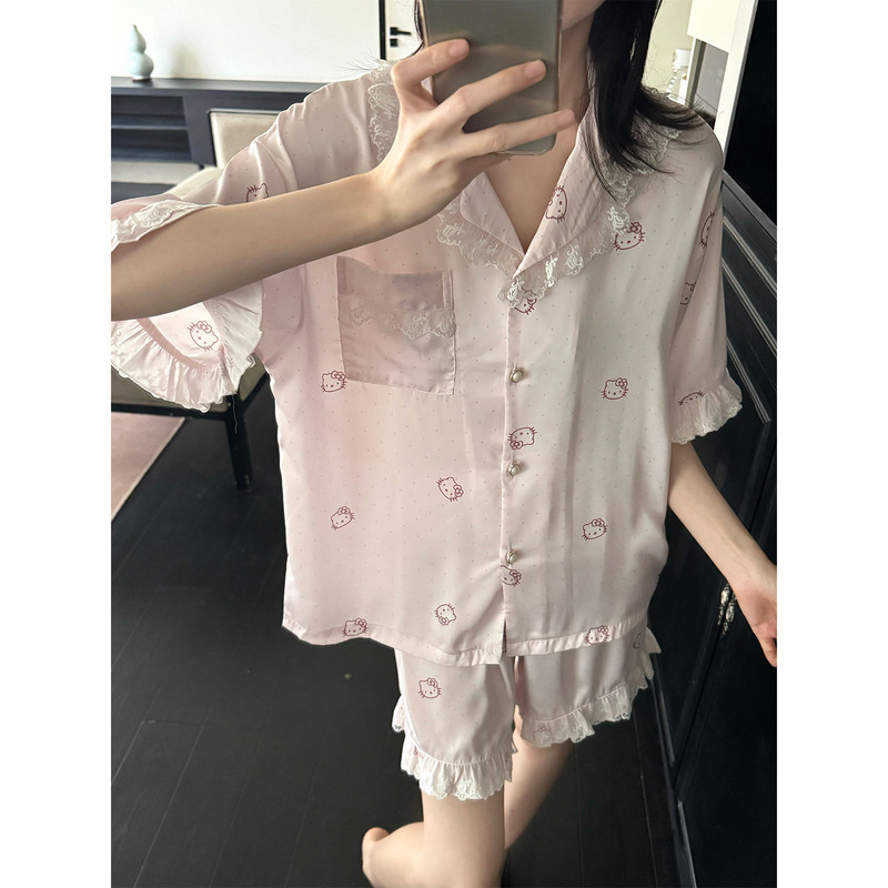 Women's summer pajamas 2026 new style, high-end ice silk short-sleeve shorts, popular spring and autumn home wear for summer