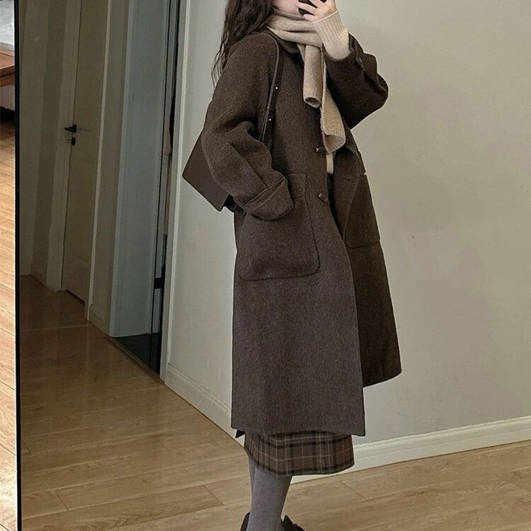 反季咖色牛角扣加厚呢大衣女2025秋冬新款小个子加绒呢外套赫本风|undefined