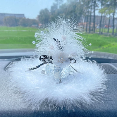 Car ornaments Feather Car Center Console Decorative - ornaments-camellia-white-wool-mat