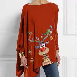 新款WISH长袖不规则印花套头T恤 休闲宽松上衣