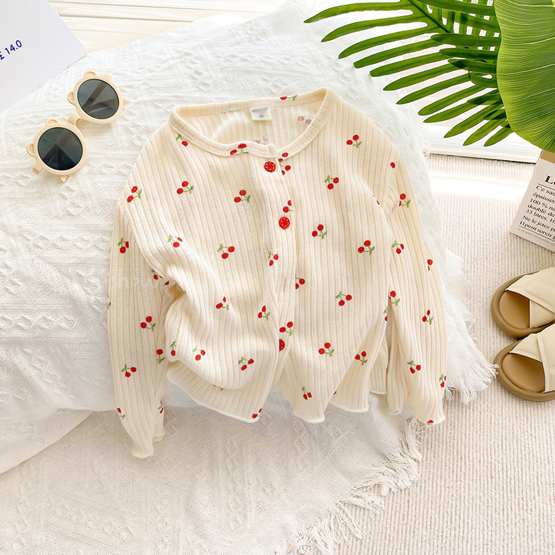 童裝女童春秋兒童洋氣甜美泡泡袖上衣櫻桃薄款打底衫開衫外套0038