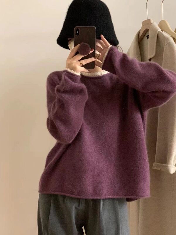 Soft Nuo style lace edge bottoming shirt women's long sleeve Spring and Autumn New sweet loose sweater lazy style sweater top Soft Nuo style lace edge bottoming shirt women's long sleeve Spring and Autumn New sweet loose sweater lazy style sweater top