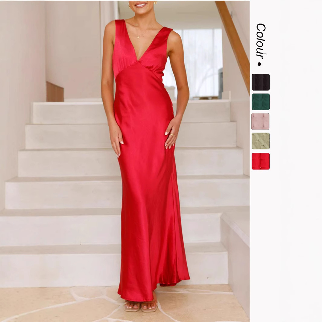 in stock 25 Years European and American Cross-border Women's Dress Solid Color V-neck Slim Fit Sexy dress Evening Dress -68603
