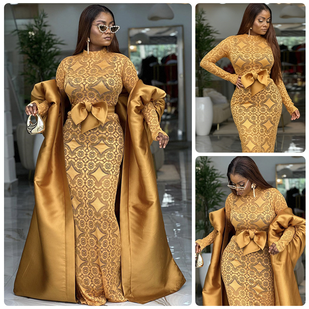 Women's Clothing Waist Cinching Bow Court Style Long Dress, Gold Robe, High Neck, Slim Fit Luxury Long Dress_voghion.com