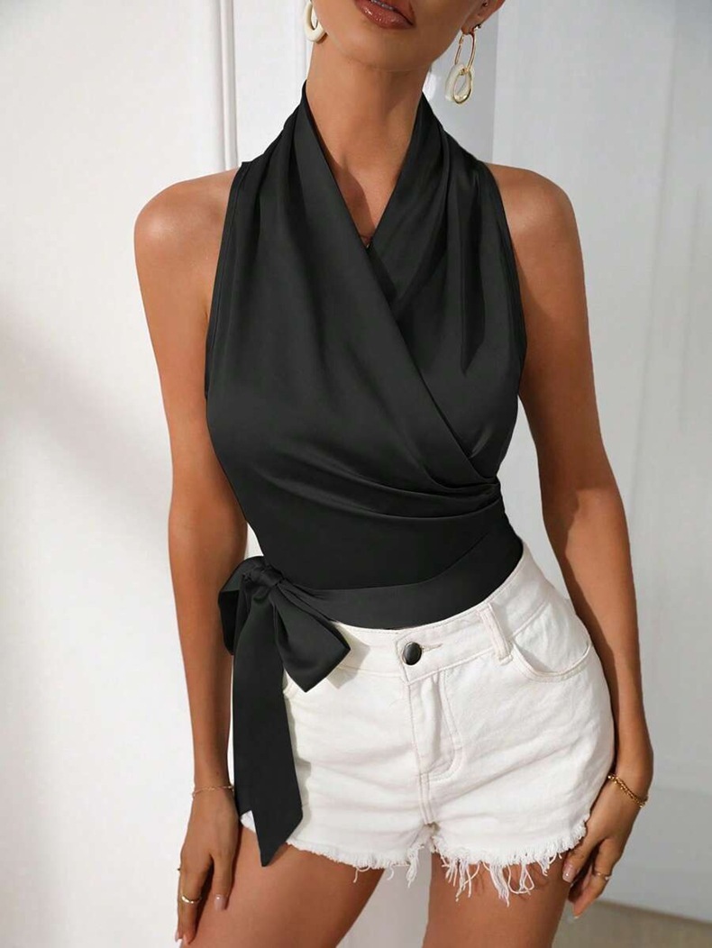 Camicetta donna in raso senza maniche top sexy con allacciatura_voghion.com