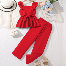 女童套装跨境童装2025夏季新款中大童气质吊带上衣阔腿裤两件套