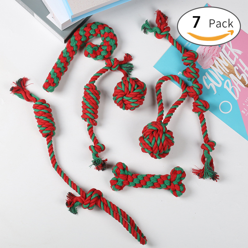 Amazon venta caliente juguetes para mascotas de Navidad juego de regalos perros de molienda dientes de limpieza de dientes cordón nudo fábrica de juguetes para perros en stock