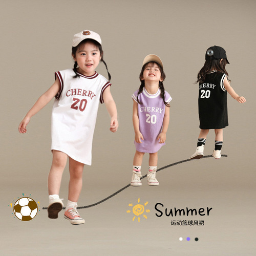 Girls' Dress Children's Tankini Dress Summer 2024 New Korean Style Baby Sports Casual Dress Sleeveless Basketball Dress