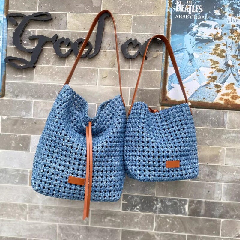 Hand-Woven Denim Windmill Knot Bucket Bag, Casual and Lazy Style Stitching, Contrasting Color Large-Capacity Single Shoulder Armpit Bag