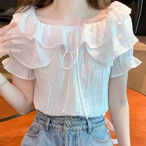 フランスのシフォンの上着の女性のハスの葉の辺の夏のデザイン感の独特な縄張りのシャツの小さい大衆の泡の袖のシフォンのシャツ|undefined