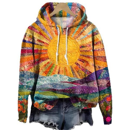 2025 Amazon Cross-border Bestselling 3D Digital Printing Sun Pattern Multicolor Men's Hoodie Graffiti Style Bright Color