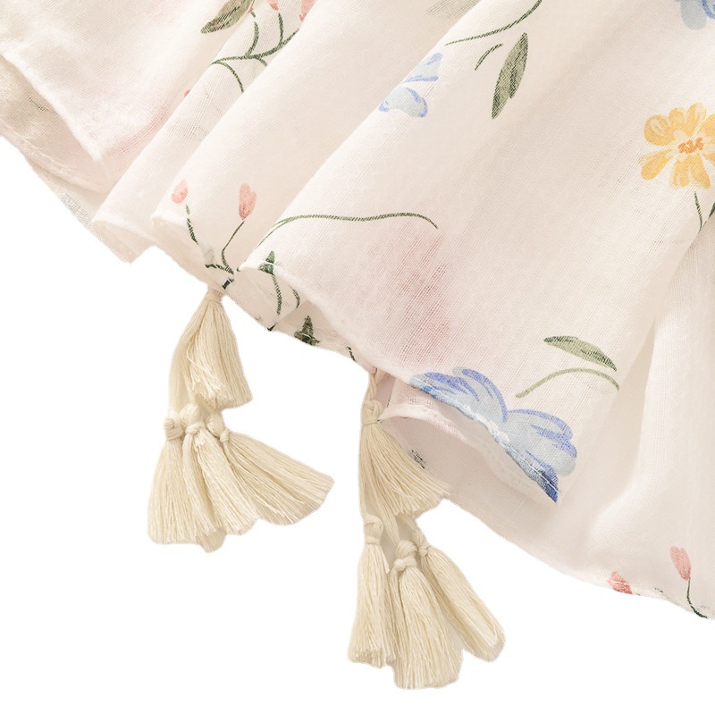 Japonés y coreano dulce fresco elegante flor blanca decoración algodón y lino suave bufanda viaje protector solar Toalla de playa para las mujeres