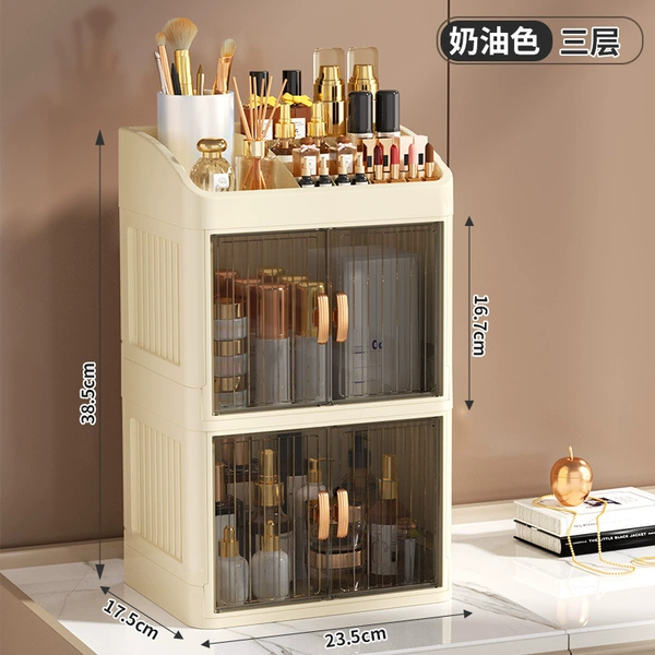 Cream + Translucent Crown Folding Cosmetics Storage Box Three Layers