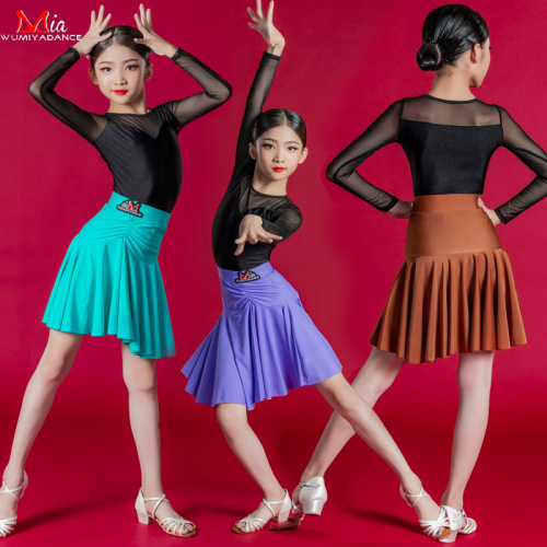 Children girls blue purple brown color latin practice performance clothes modern ballroom dance clothes Children's Latin dance dresses for kids 