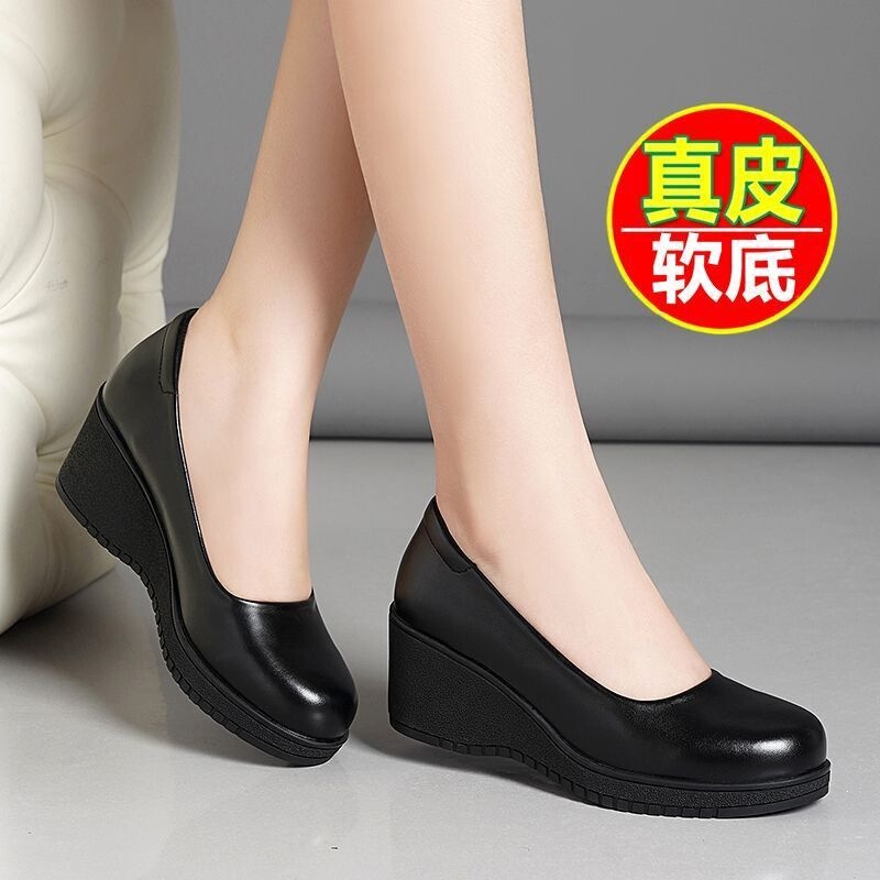 Soft Leather Wedge-Heeled Shallow-Mouthed Single Shoes for Women, 2026 Spring and Autumn New High-Heeled Mary Jane Shoes, Large Size Mother's Leather Shoes for Women