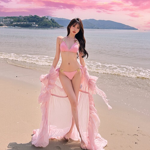 Bikini set for women, influencer style, split bandeau top, three-piece set, sexy, pure desire, hot girl, shaping, beach vacation.