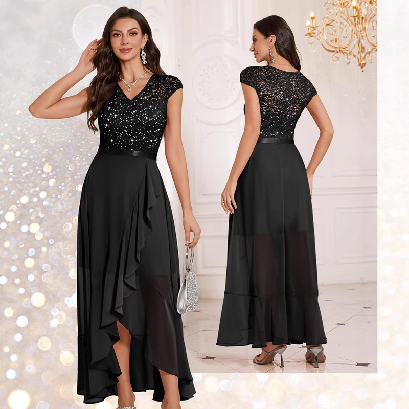 Women's Cocktail Party Formal Sequin Floral Lace Wedding Guest Bridesmaid Prom V-Neck Sleeveless Evening Dress