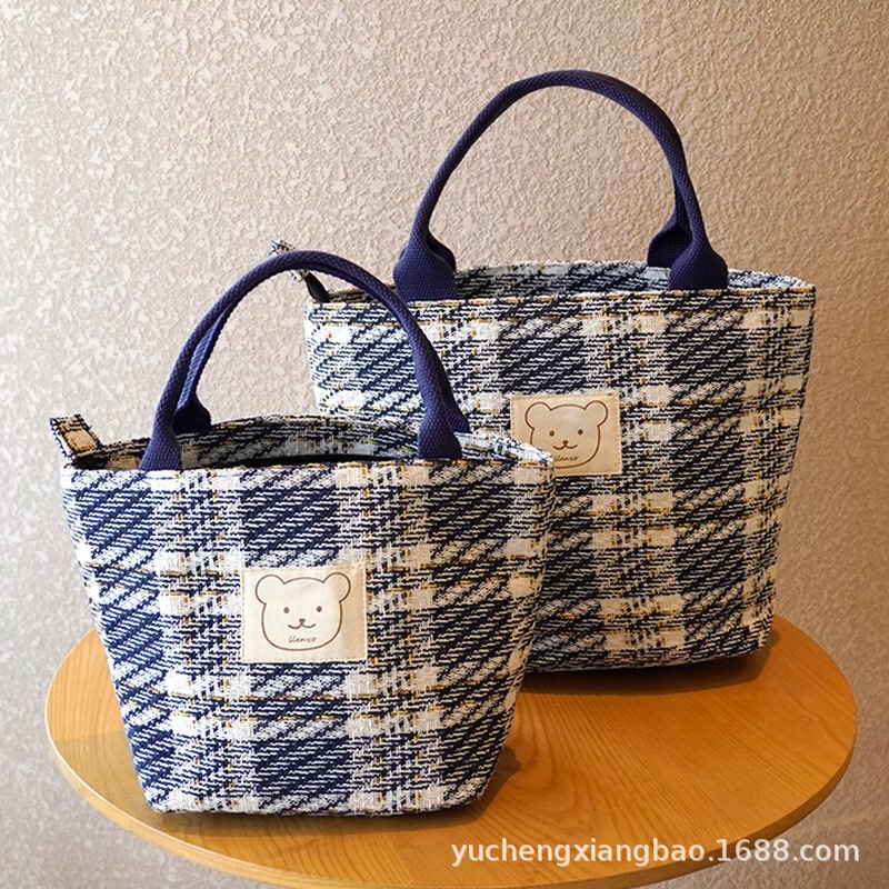 Fashion check pattern large capacity student canvas bag portable lunch box bag thickened simple all-match casual zipper lunch bag