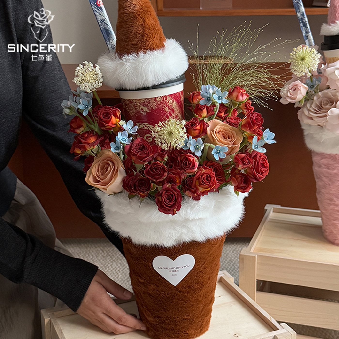 Serie de invierno y otoño de siete colores, taza de té de peluche, caja de flores, caja de regalo floral diy hecha a mano