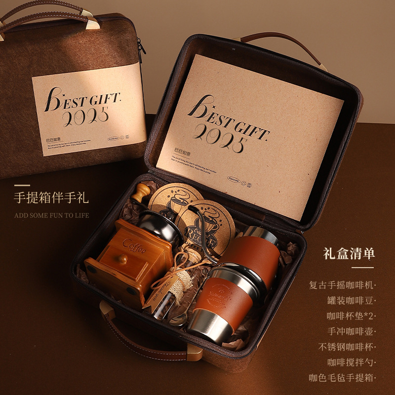 Caja de regalo de mano para clientes, taza de café portátil al aire libre, molinera de frijoles de mano para el hogar