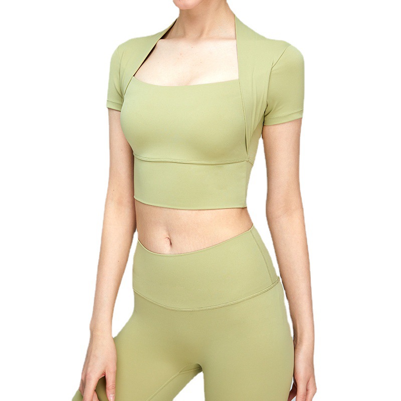 Nude Yoga superior de manga corta de las mujeres de la Copa fija ropa de fitness correr deportes camiseta de secado rápido transpirable ropa de yoga apretado