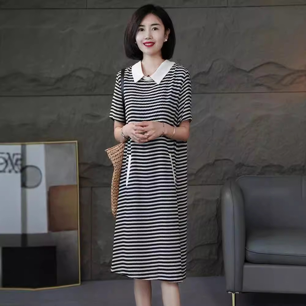 2024 Mother's Printed Short-sleeved dress Women's Belt Tight Waist Slimming Age-reducing Western Style Oversize Skirt