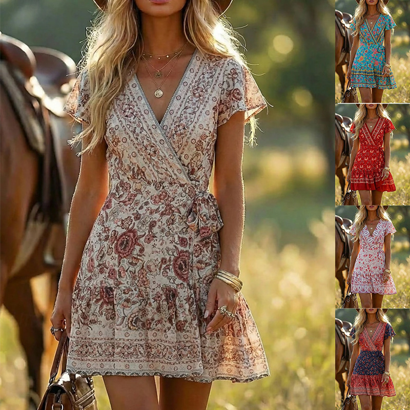 2026 In-Stock Cross-Border New Product Amazon Summer V-Neck Sexy Bohemian Print Dress Short Skirt Women's Clothing
