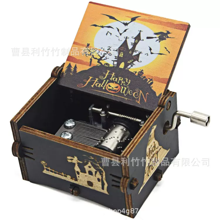 木制音乐盒复古彩绘圣诞夜惊魂木质手摇圣诞节音乐盒万圣节音乐盒