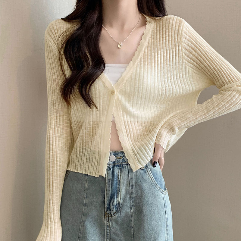 Áo len dệt kim cổ chữ V dài tay mỏng nhẹ chống nắng mùa hè — đen chi tiết 1
