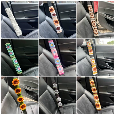 Car Seat Belt Shoulder Pads, Hand-Crocheted with Chrysanthemum and Sunflower Designs, Fashionable and Versatile Cross-Border Seat Belt Protectors