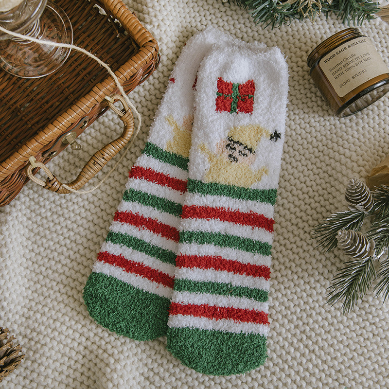 Calcetines de Felpa para Piso Vellón de Coral y Poliéster Térmico, Secado Rápido, Engrosado para Navidad