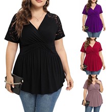 女士大码V领蕾丝拼接纯色褶皱短袖T恤