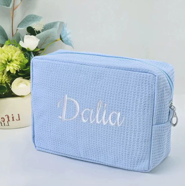 etsy waffle cosmetic bag, embroidered bridesmaid gift bag, personalized wedding bag wash bag