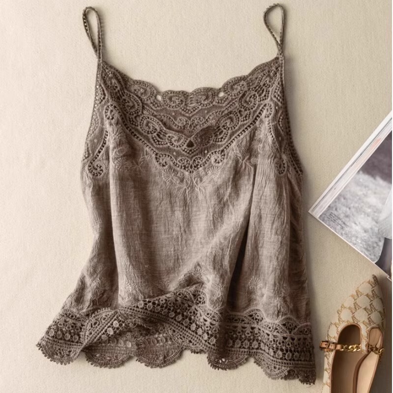 Crochet Lace Linen Camisole Women's Summer Outer Wear Thin Loose Sleeveless Top with Shirt Inner Wear A4713