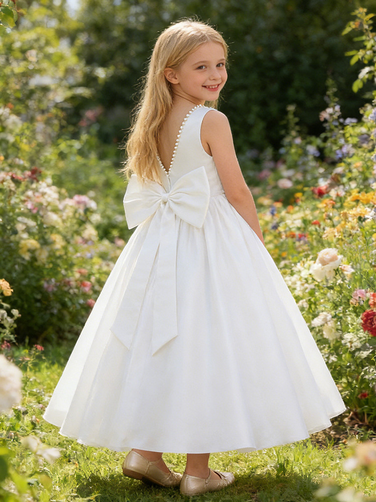 Nuevo vestido de niñas de niños grandes detrás de cuellos de clavos de arco en V falda de princesa Pong para niños desfile vestido de boda