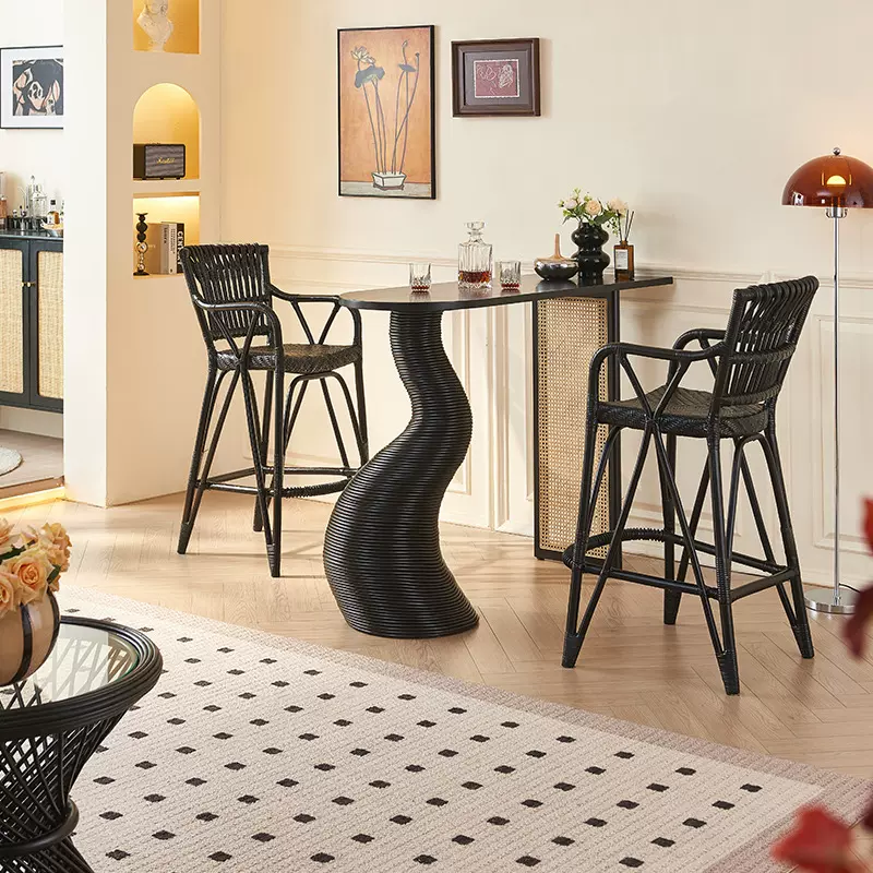 法式实木藤编吧台现代简约家用高脚凳靠墙酒吧咖啡厅吧台吧椅组合