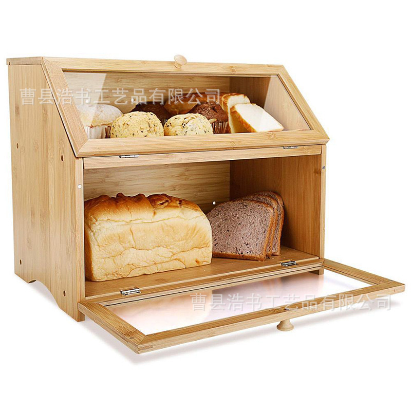 Caja de pan de bambú de dos niveles en stock, caja de pan de madera maciza con puerta corredera desmontable, caja de almacenamiento de cocina de tres niveles con cajones.