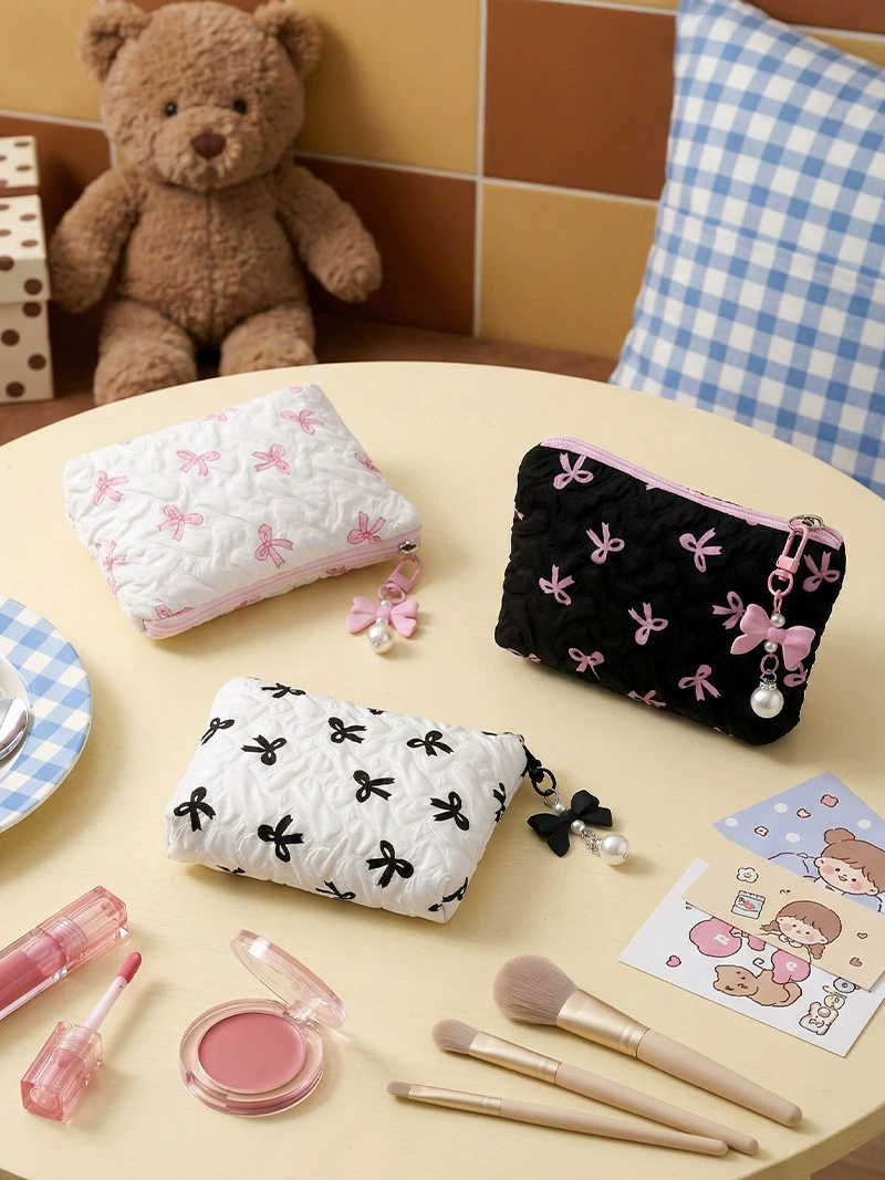 Cosmetic Bag Organizer, Bow Accent Wallet Style, 14×10×2 cm, Lightweight Portable
