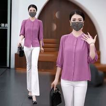 小潞服饰2025夏季薄款时尚中袖冰丝上衣宽松遮肚大码洋气小衫中年