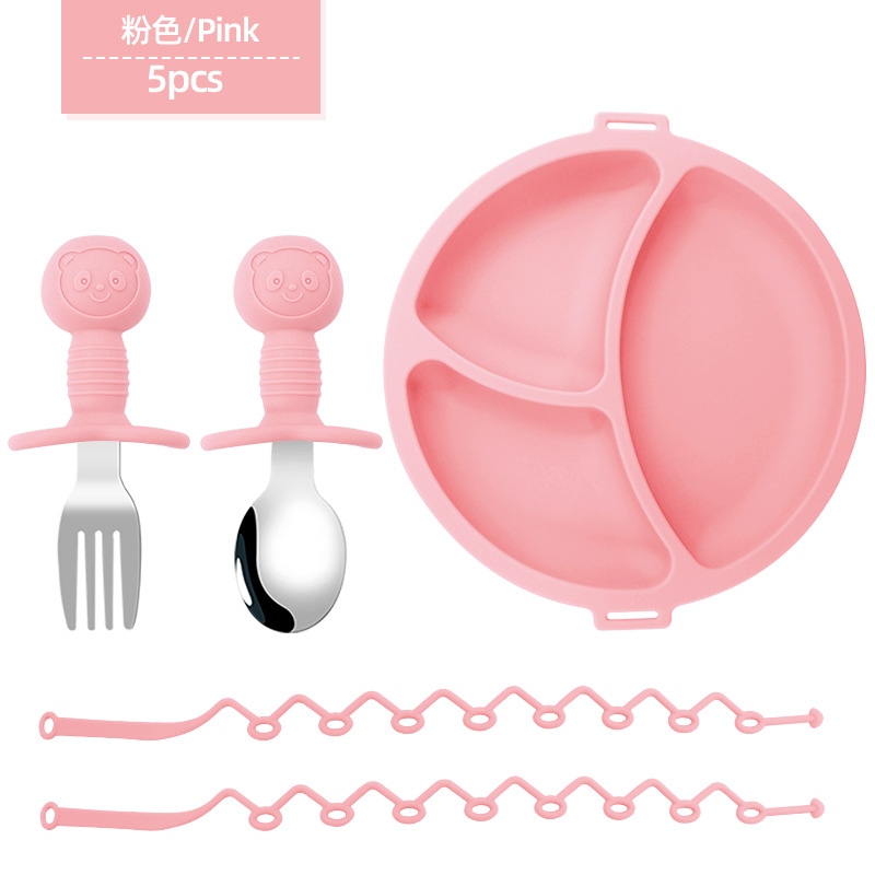 Placa de comedor de cadena anti-pérdida para niños, entrenamiento para bebés, plato de comedor dividido, cuchara de tenedor, suplemento alimenticio de silicona para bebés, cuchara de oso, tenedor