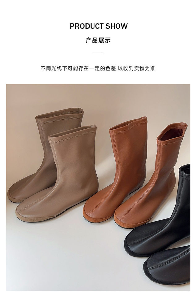Bốt nữ cổ thấp mũi tròn đế bằng co giãn da cừu — Điểm đen, Đốm nâu chi tiết 4