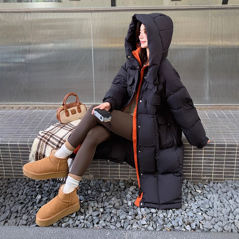 Новая удлиненная зимняя куртка-пуховик оверсайз 2025 года с капюшоном для полных женщин, свободного кроя, с цветовыми блоками, модель 226