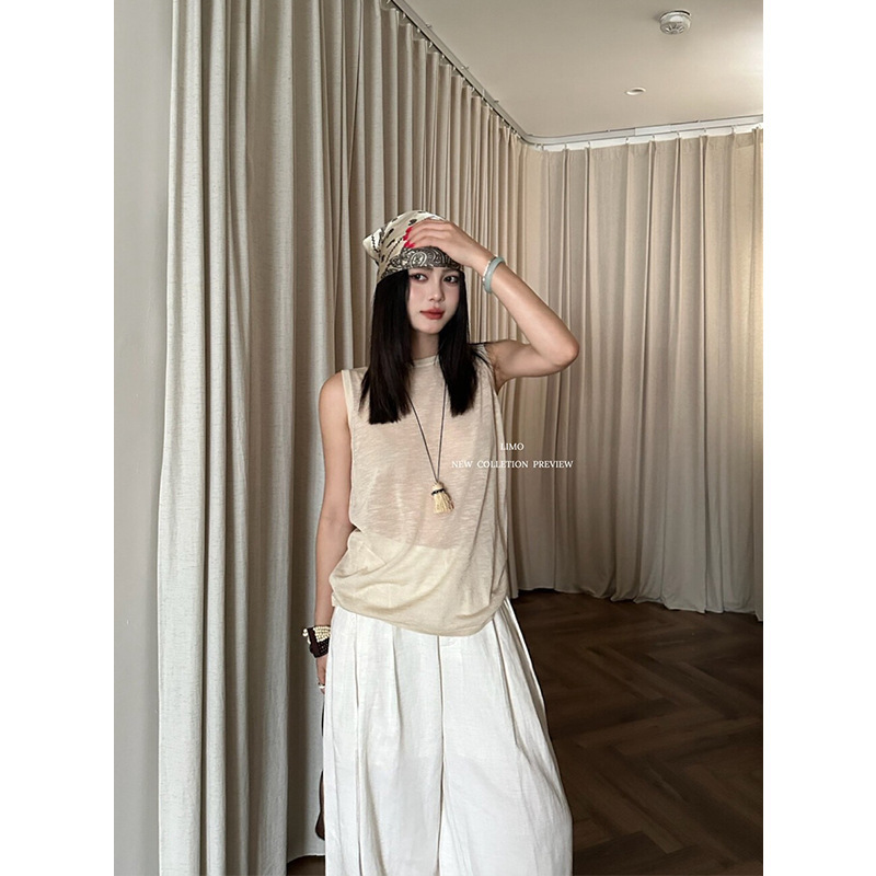 [Non-Returnable] Tencel Linen Layered Old Money Style Pure Color Top Thirteen Lines Summer Fashionable Versatile Vest