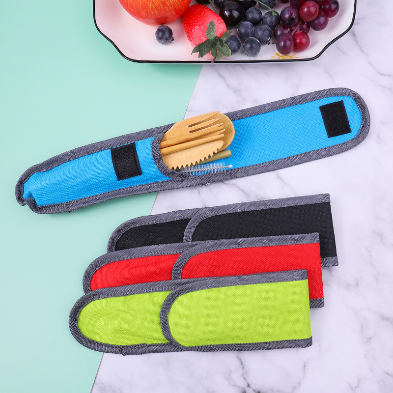 Western-style Bamboo Knife, Fork and Spoon Portable Tableware suit Outdoor Oxford Bag Travel Tableware Bag Bamboo Tableware