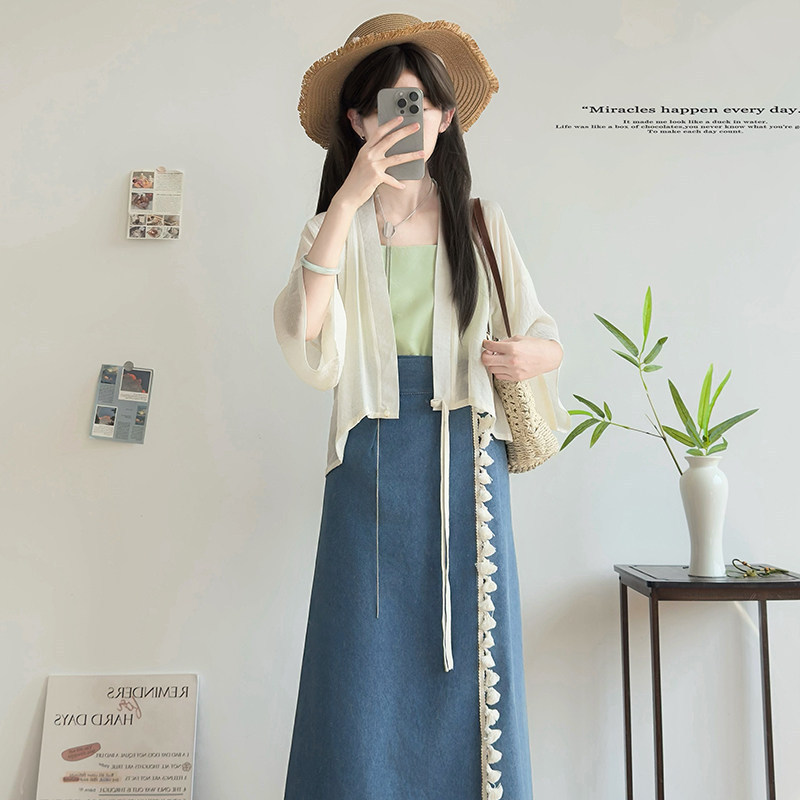 Luozhu Denim Skirt with Chinese Elements, National Style Set, Daily Commute Improved Song-Style Hanfu for Women, 2026 New Summer Model