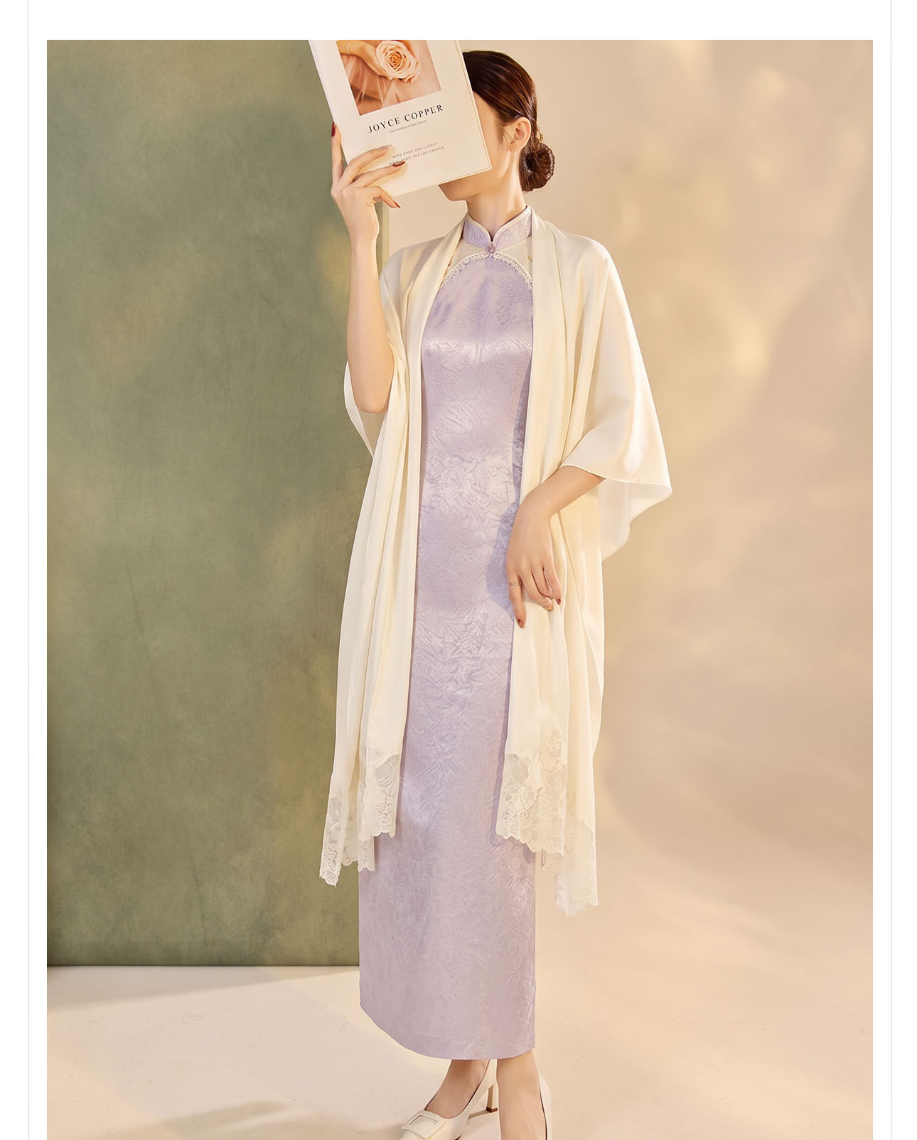 Đầm maxi satin sọc tông màu nối tay tua, cổ chẻ — Khoai tây tím chi tiết 10