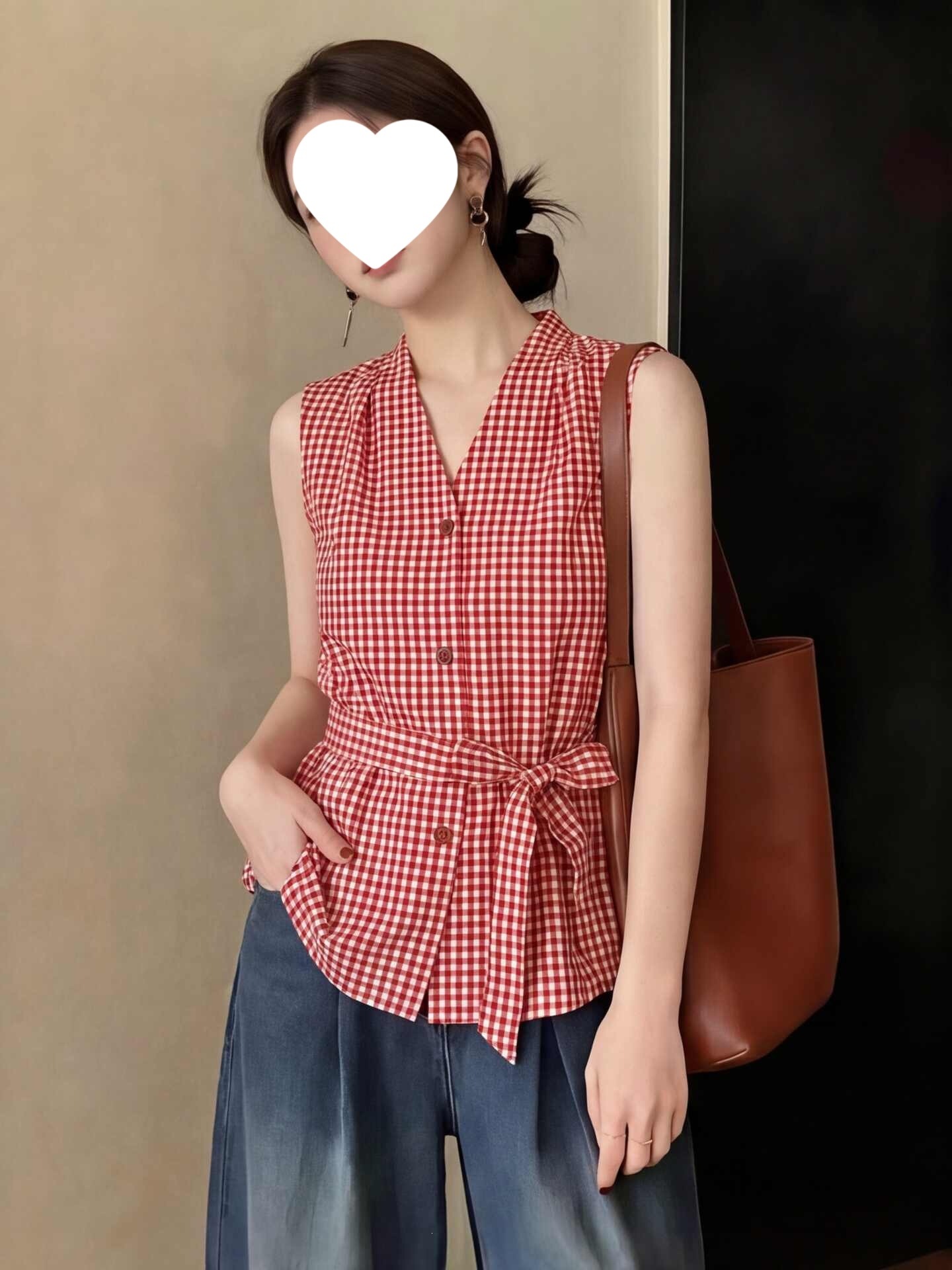 Elegant Hong Kong-style red plaid waist-cinching shirt for women, summer outerwear, halter neck, sleeveless vest top