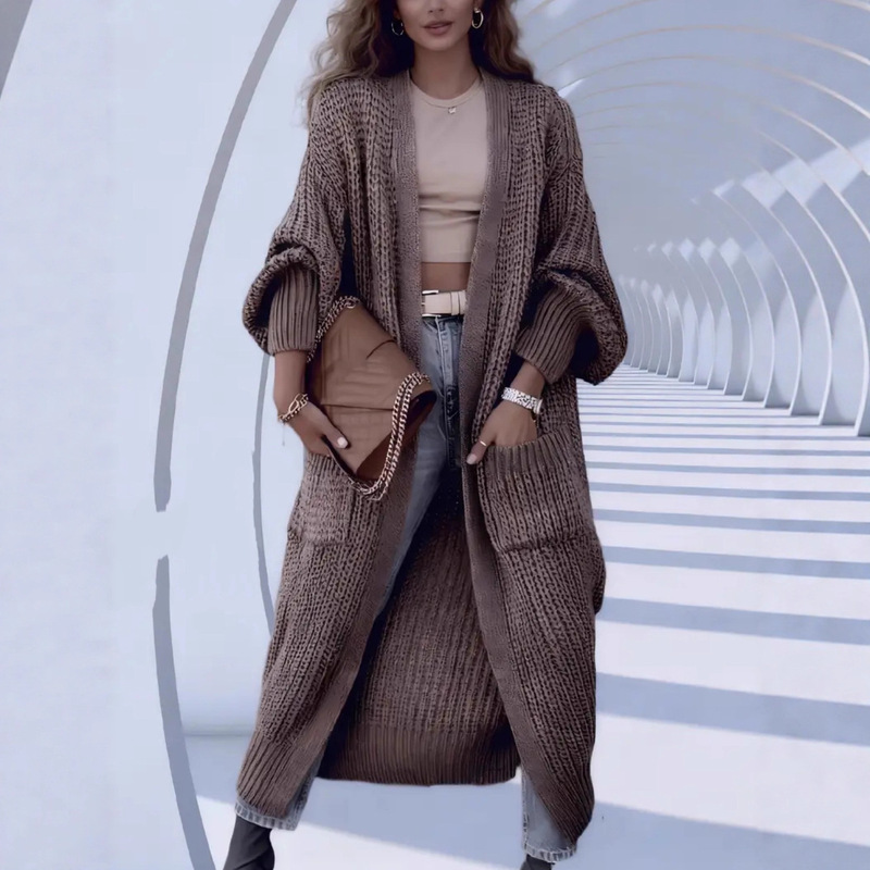 Thickened Autumn and Winter Over-The-Knee Sweater Coat for Women, Loose and Versatile, Long-Sleeved, Mid-Length Knitted Cardigan, Lazy Style Trend