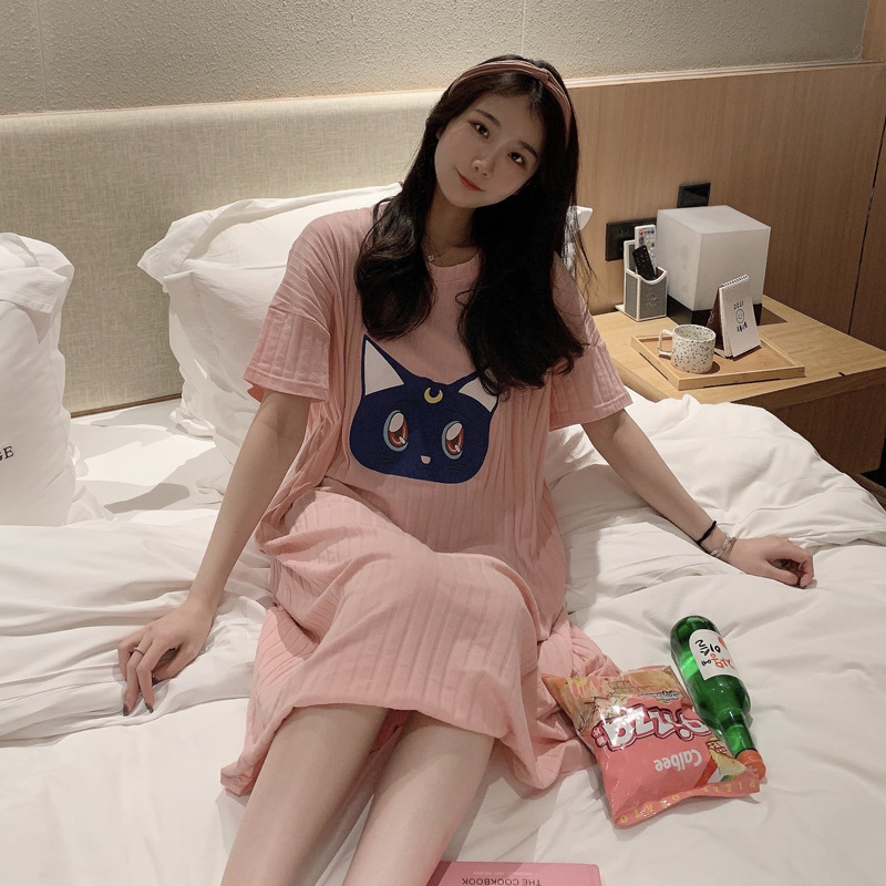 Beautiful Girl Luna Cat Pajamas Women's Summer Nightgown Mid-length Pure Cotton ins Style Student Cartoon Cute Home Clothes